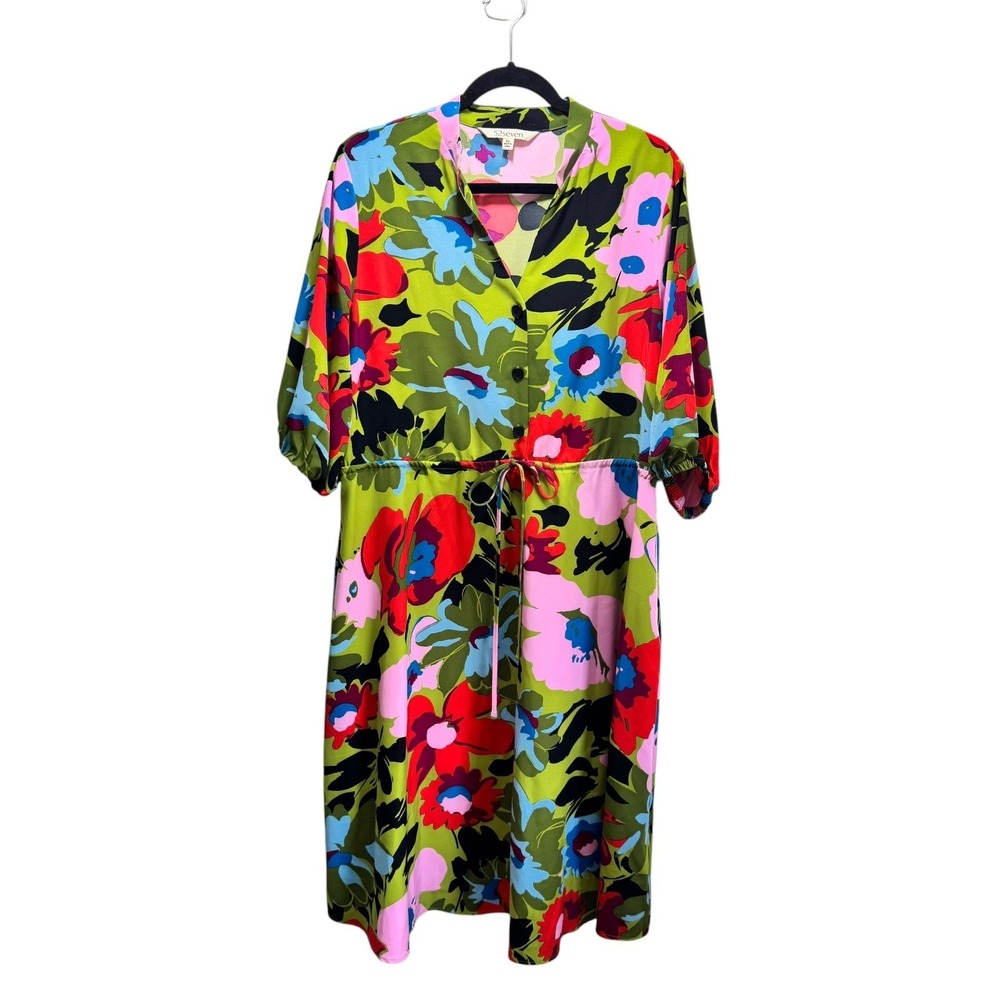 52seven Floral Midi Dress Elbow Sleeve Split V-Neck Tie Waist Pocket Plus XL
